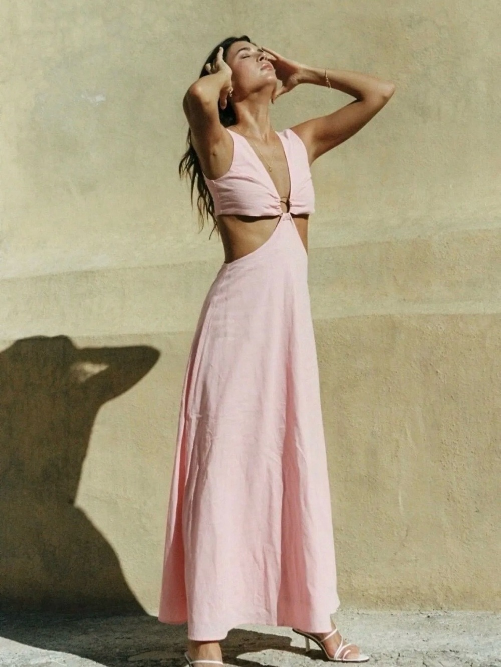 Charlie Holiday NWT Addison Maxi Dress Pink Punch Linen Blend Cutout Women’s 4,S